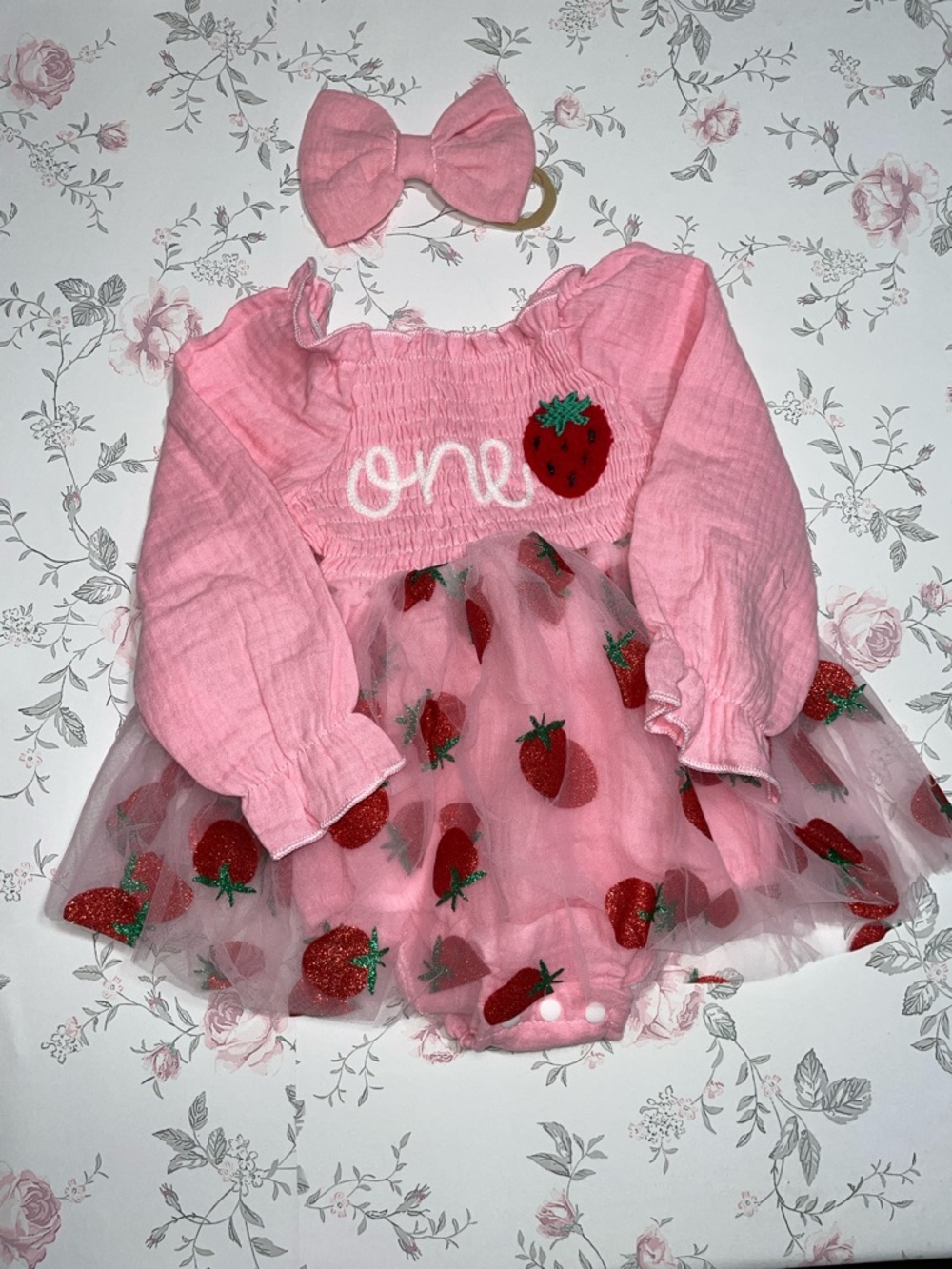 Pink Strawberry Tulle Baby Dress with Bow